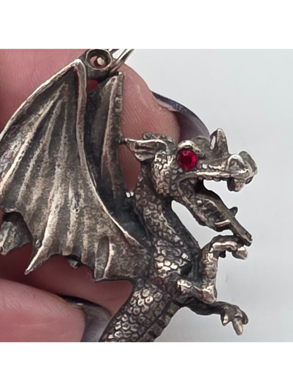 Pewter Dragon Pendant With Red Gemstone Eyes Gothic Fantasy Jewelry 3" - Picture 6 of 6